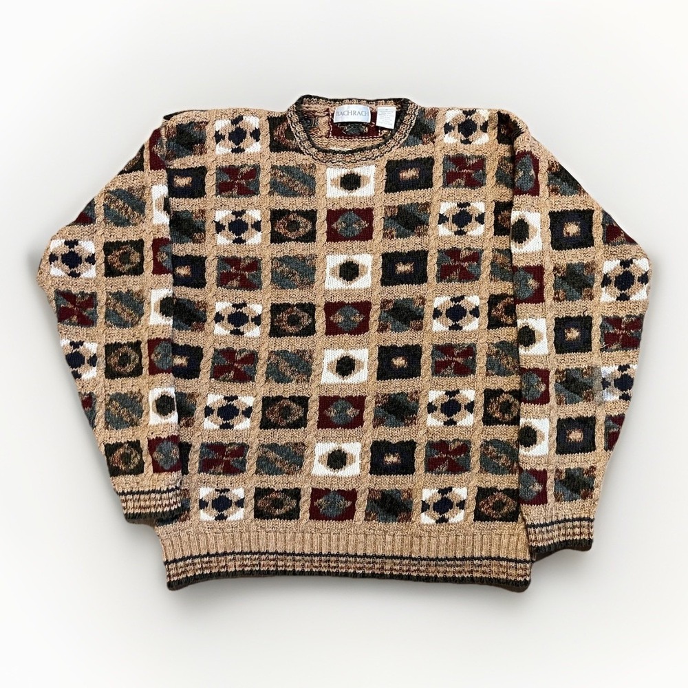 Vintage Bachrach Sweater Mens Large Beige Geometric Chunky Knit Pullover 90s